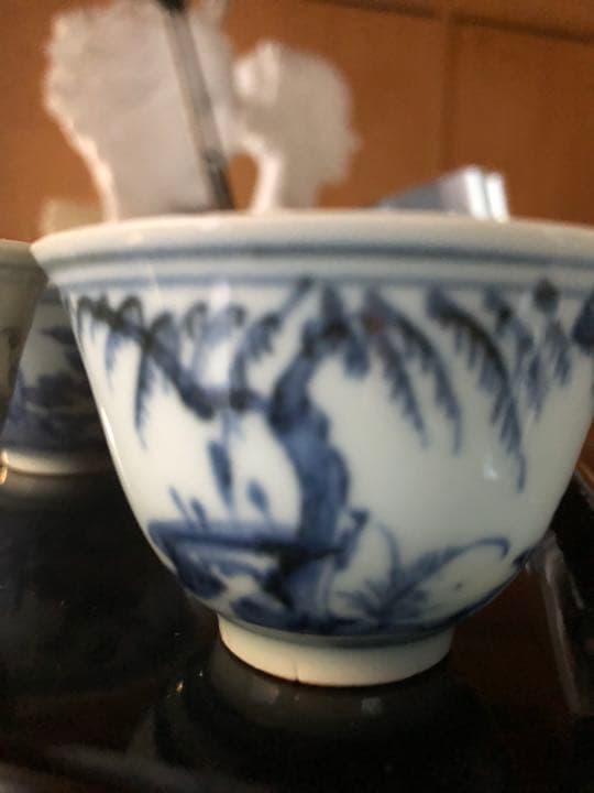 骨董品　染付　⬜︎福　うさぎ　兎図　柳図　三客　茶器　ぐい呑　時代物