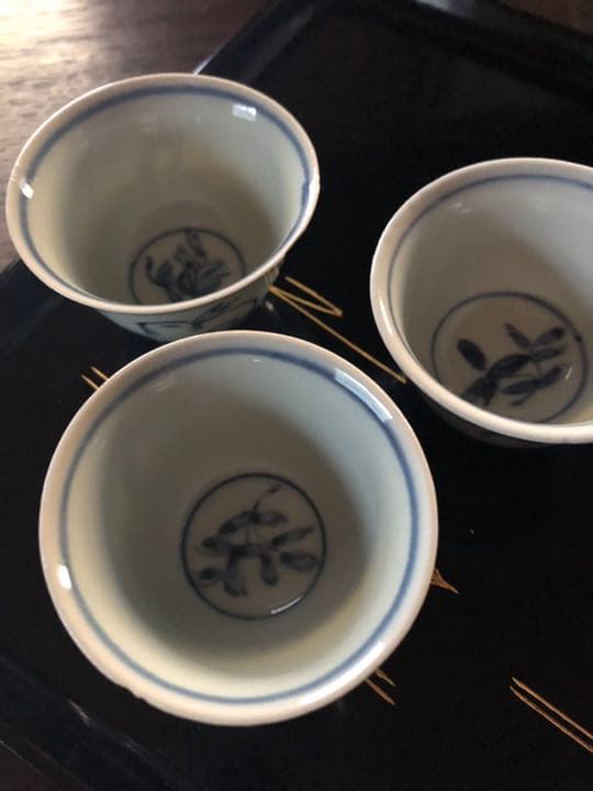 骨董品　染付　⬜︎福　うさぎ　兎図　柳図　三客　茶器　ぐい呑　時代物