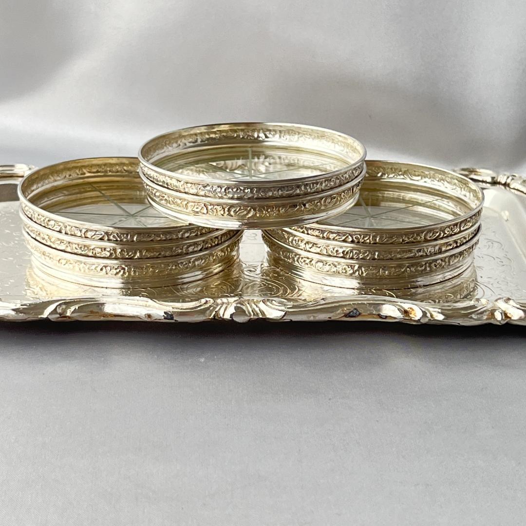 【純銀 / ガラス】フローラルレリーフのワイングラスコースター 8枚