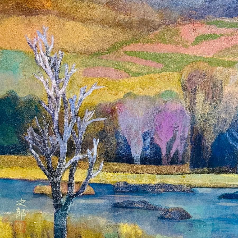 真作 荻野次郎画 自題 早春 掛軸 岩絵具 二重箱 共箱 木製筒 高級表装