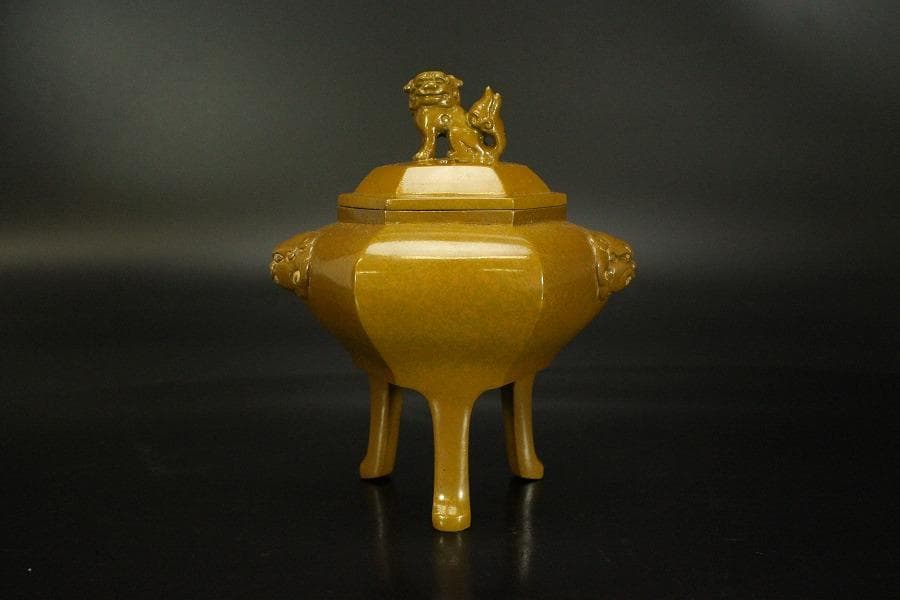 香炉 獅子双耳 三足香炉 金属製 木箱付(メ1186)