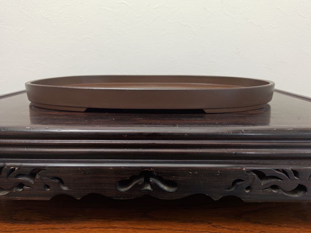 陶器製楕円形盆栽鉢 ブラウン 約45cm ×29cm×3.5cm薄型　落款　積徳