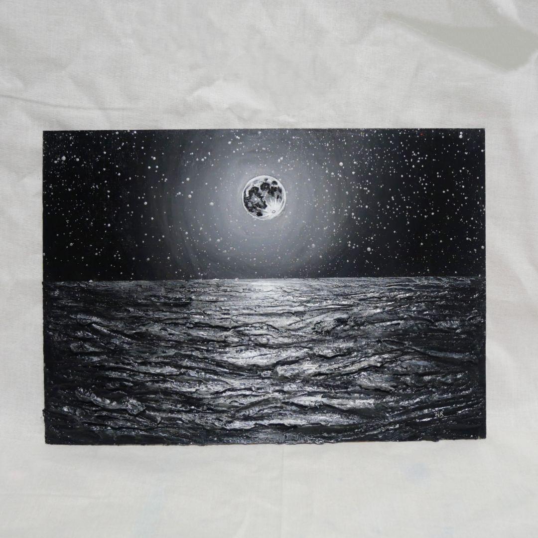 油絵 油彩 油彩画 絵 絵画 【白黒の満月と星空の海】