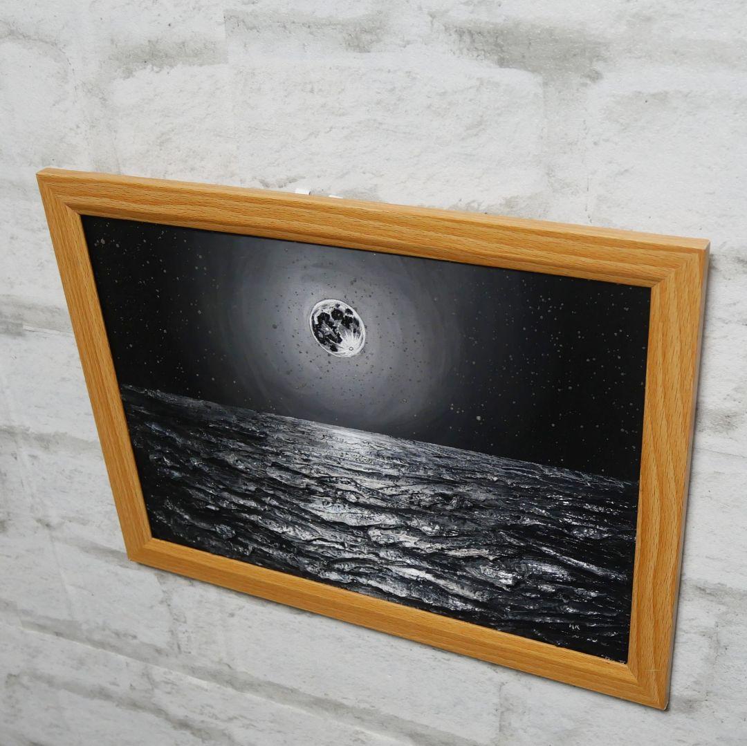 油絵 油彩 油彩画 絵 絵画 【白黒の満月と星空の海】