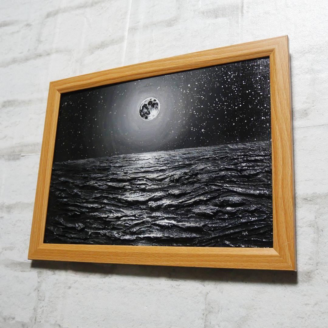 油絵 油彩 油彩画 絵 絵画 【白黒の満月と星空の海】