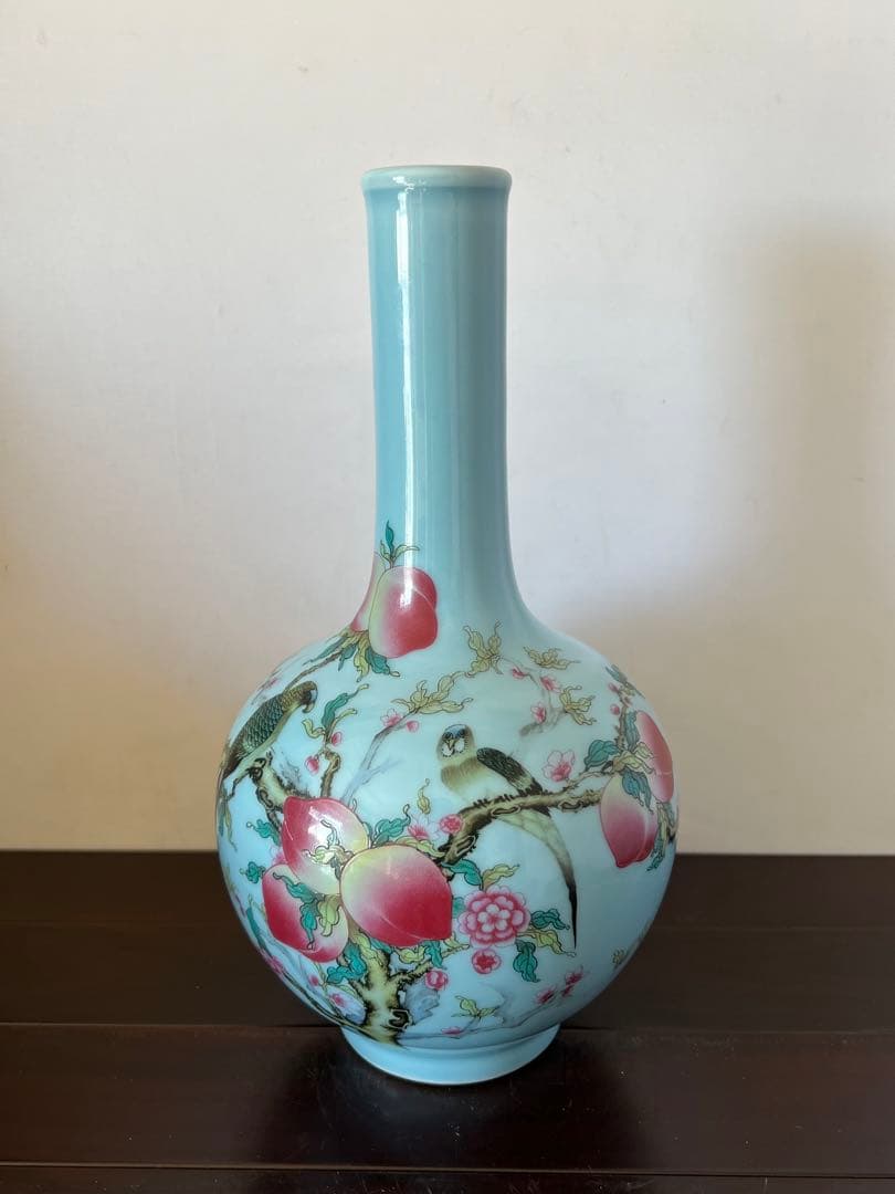 中国古美術/粉彩花鳥紋天球瓶 【大清乾龍年製】在銘/XG4-1