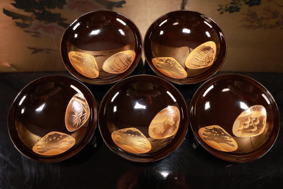 macaron BJ093 時代輪島塗　貝尽くし蒔絵　吸物椀　五客　木製