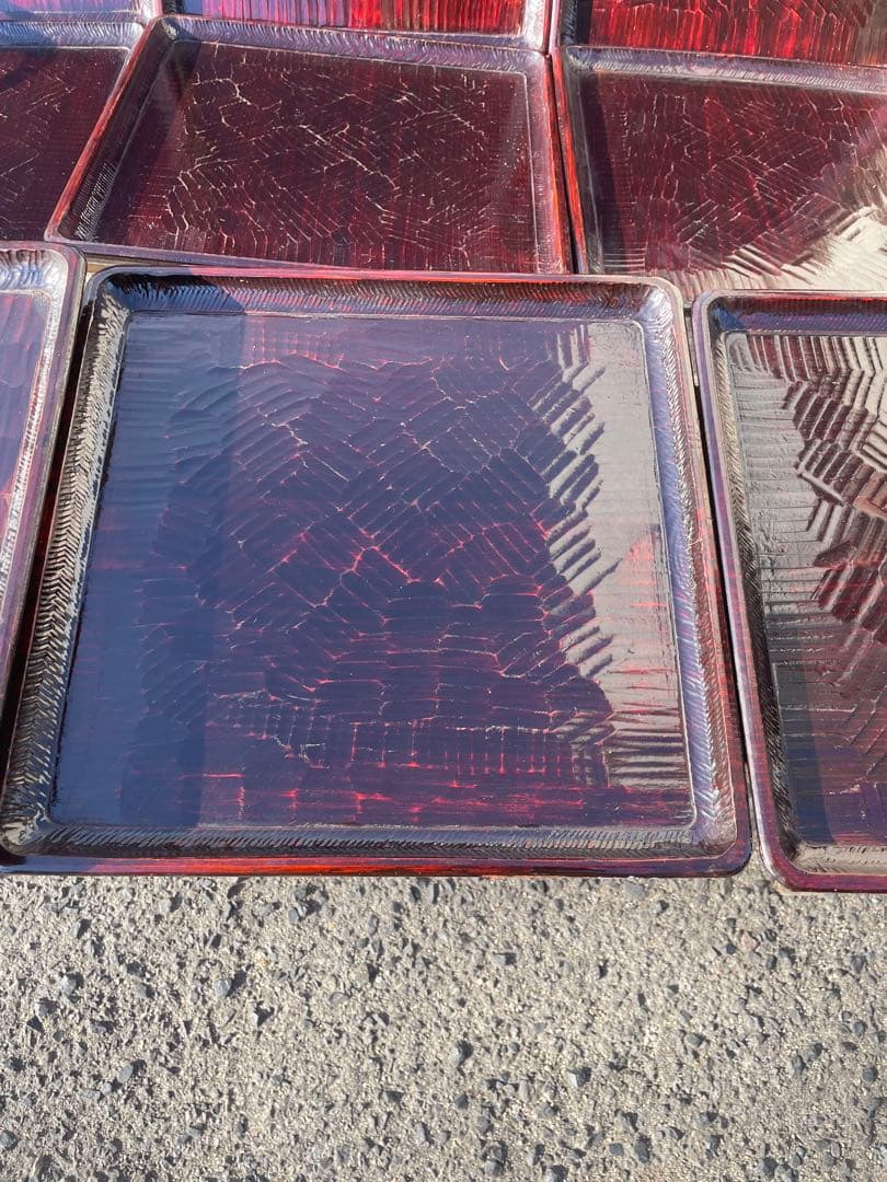 讃岐盆　木製彫刻模様入り　正方形　お盆　トレー　11客