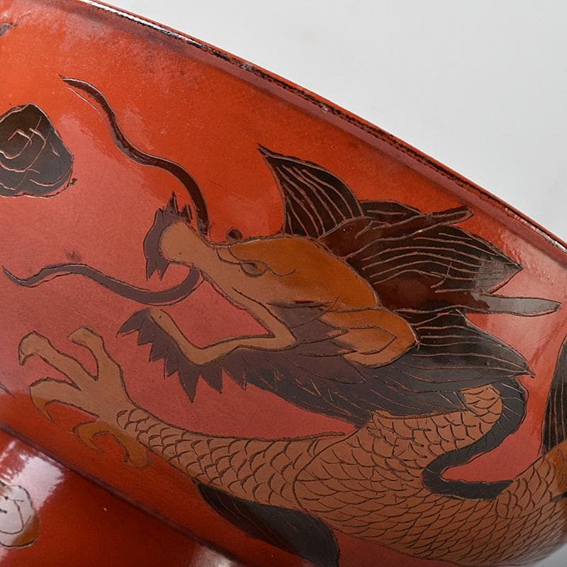 古民具　根来塗　雲龍文彫　椀　時代箱付　V　R8441