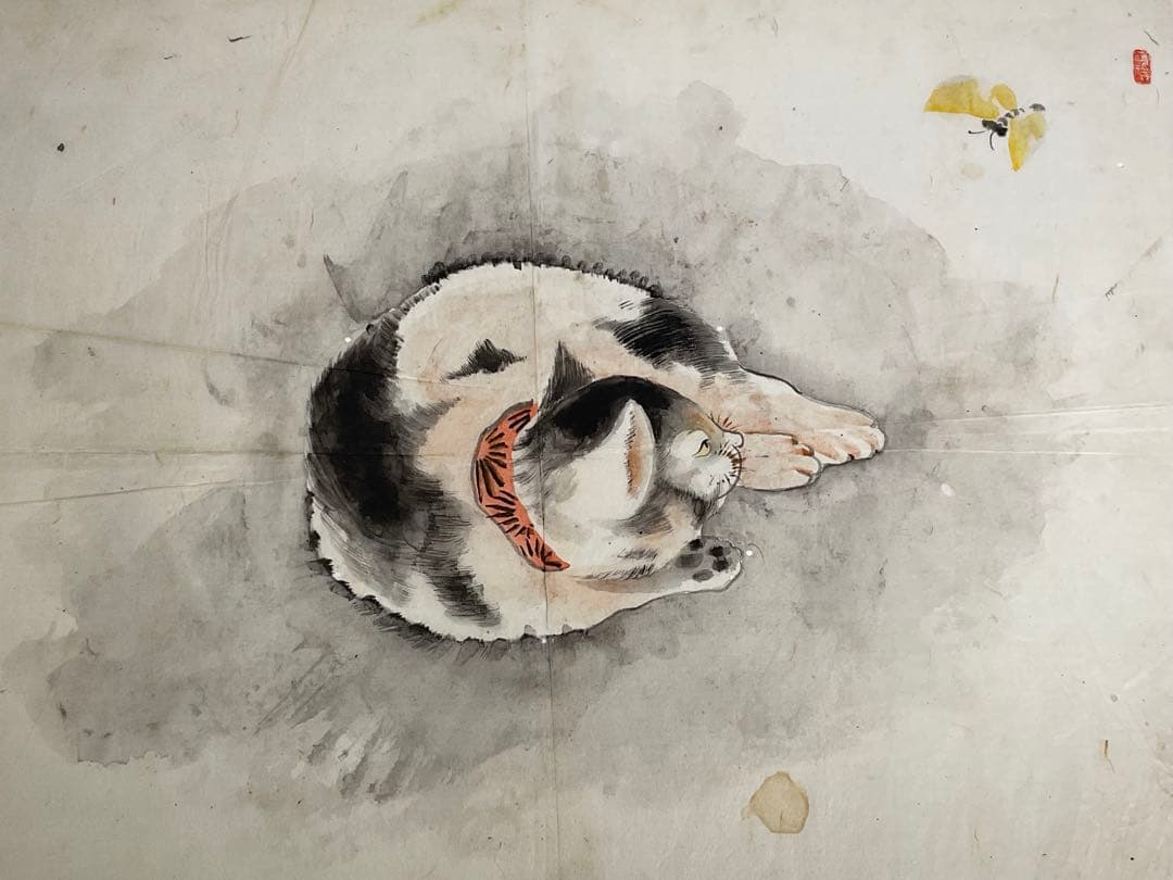 虹外筆　猫と蝶　ネコ　日本画　額入り