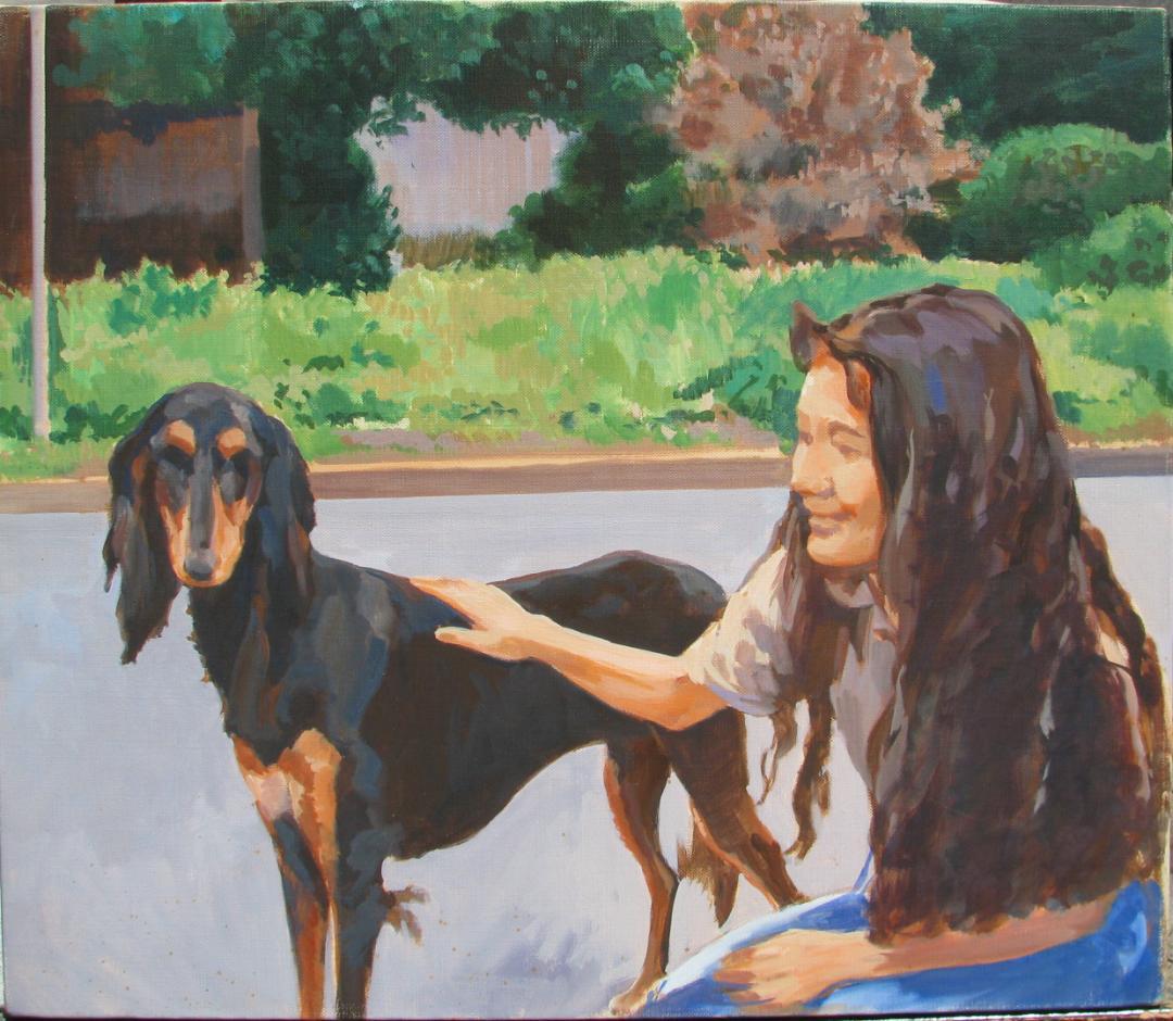 ☆決算☆芸大小磯教室主要作家,檜山健三,愛犬と女性,F10号油彩,外国の公園風景