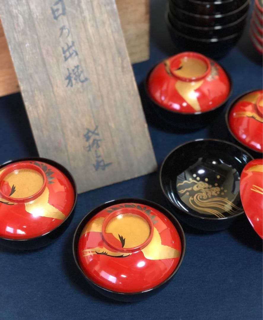 割引❗️《R》日の出椀5客 鶴波蒔絵 吸物椀 木製漆器 時代 251218か1