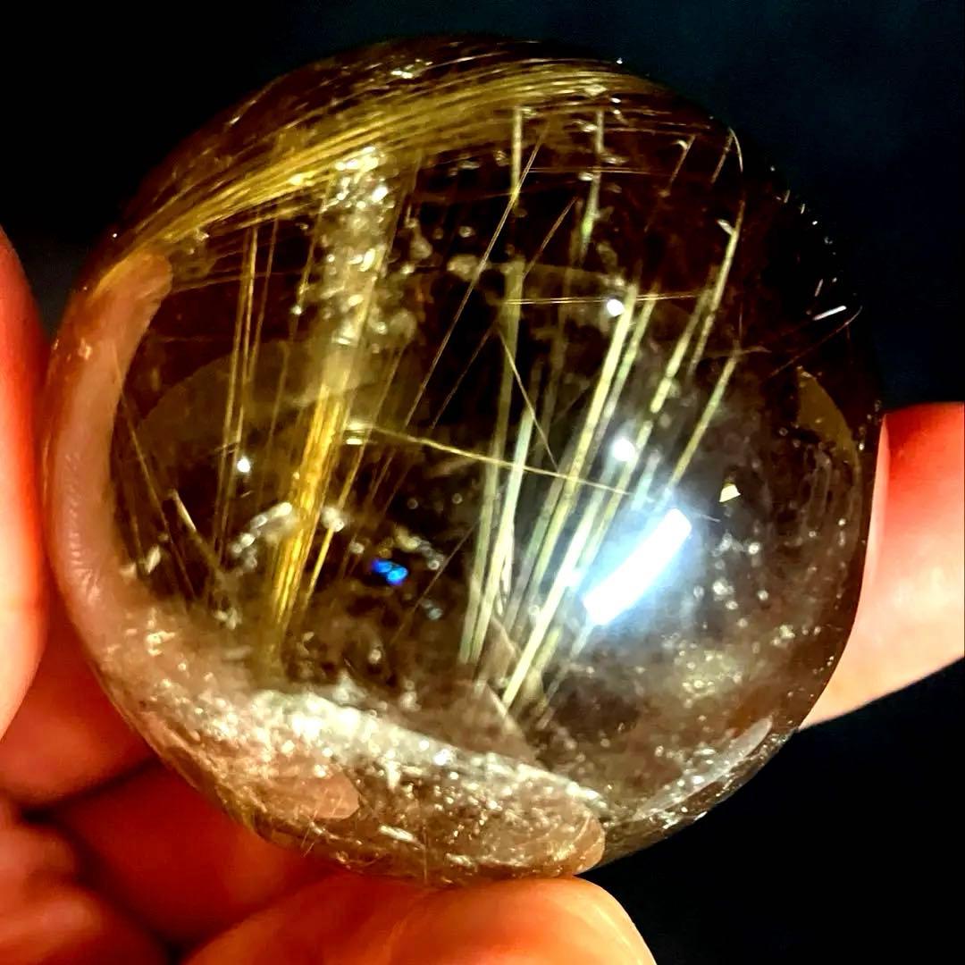 42mm 虹入りゴールドルチルクォーツ　丸玉　スフィア　金針水晶