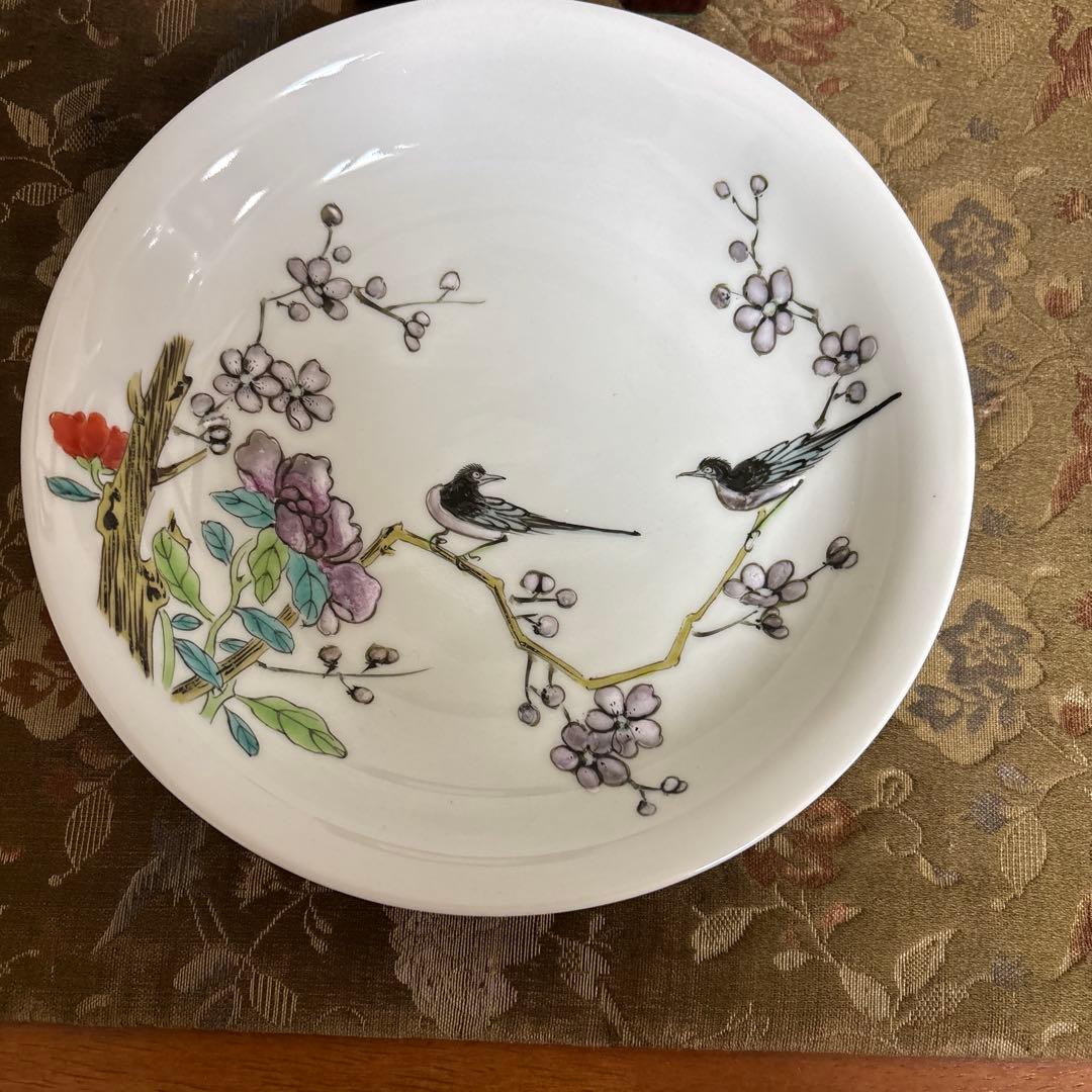 12代柿右衛門作花と鳥の図 五寸皿　渦福　染め錦