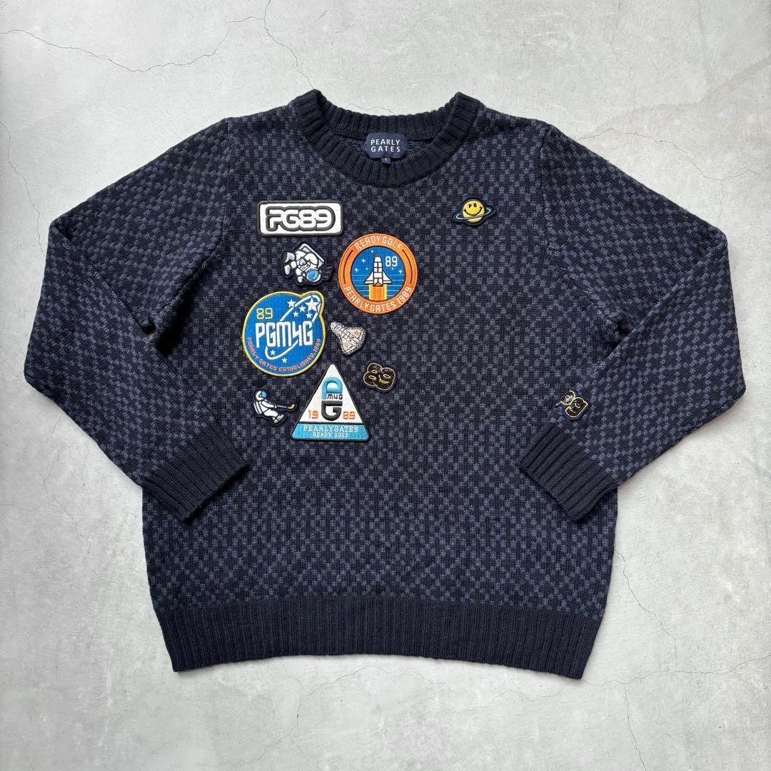 【美品】PEARLY GATES ウール混ニットセーター 宇宙 ワッペン ロゴ