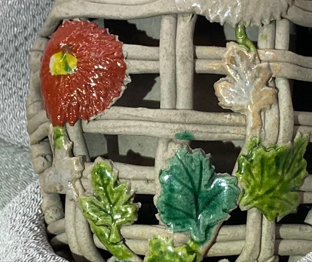 B246s 萬古焼　菊透し掛花入　骨董品