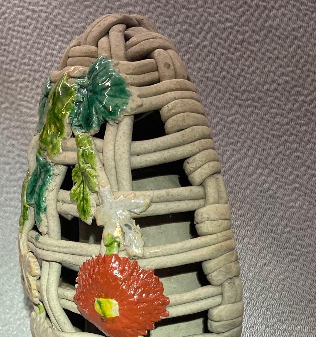 B246s 萬古焼　菊透し掛花入　骨董品