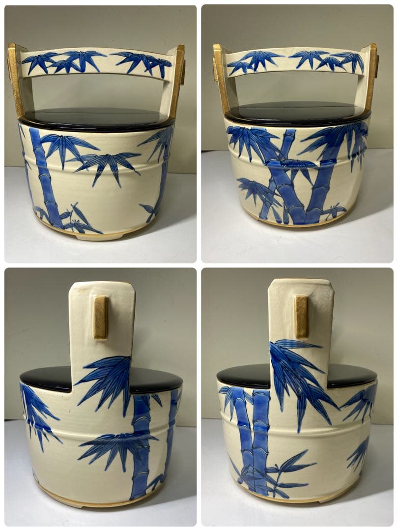 【茶道具】玉堂造　色絵竹手桶水指（共箱）塗蓋　表完造