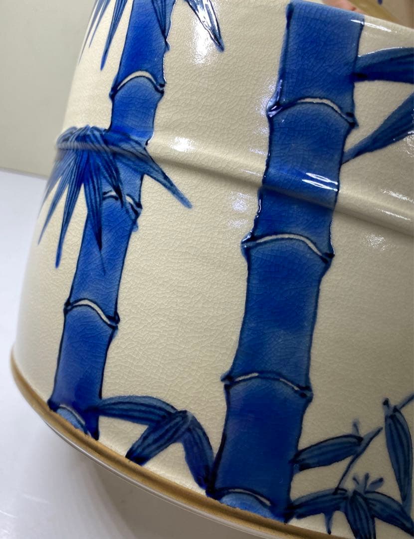 【茶道具】玉堂造　色絵竹手桶水指（共箱）塗蓋　表完造