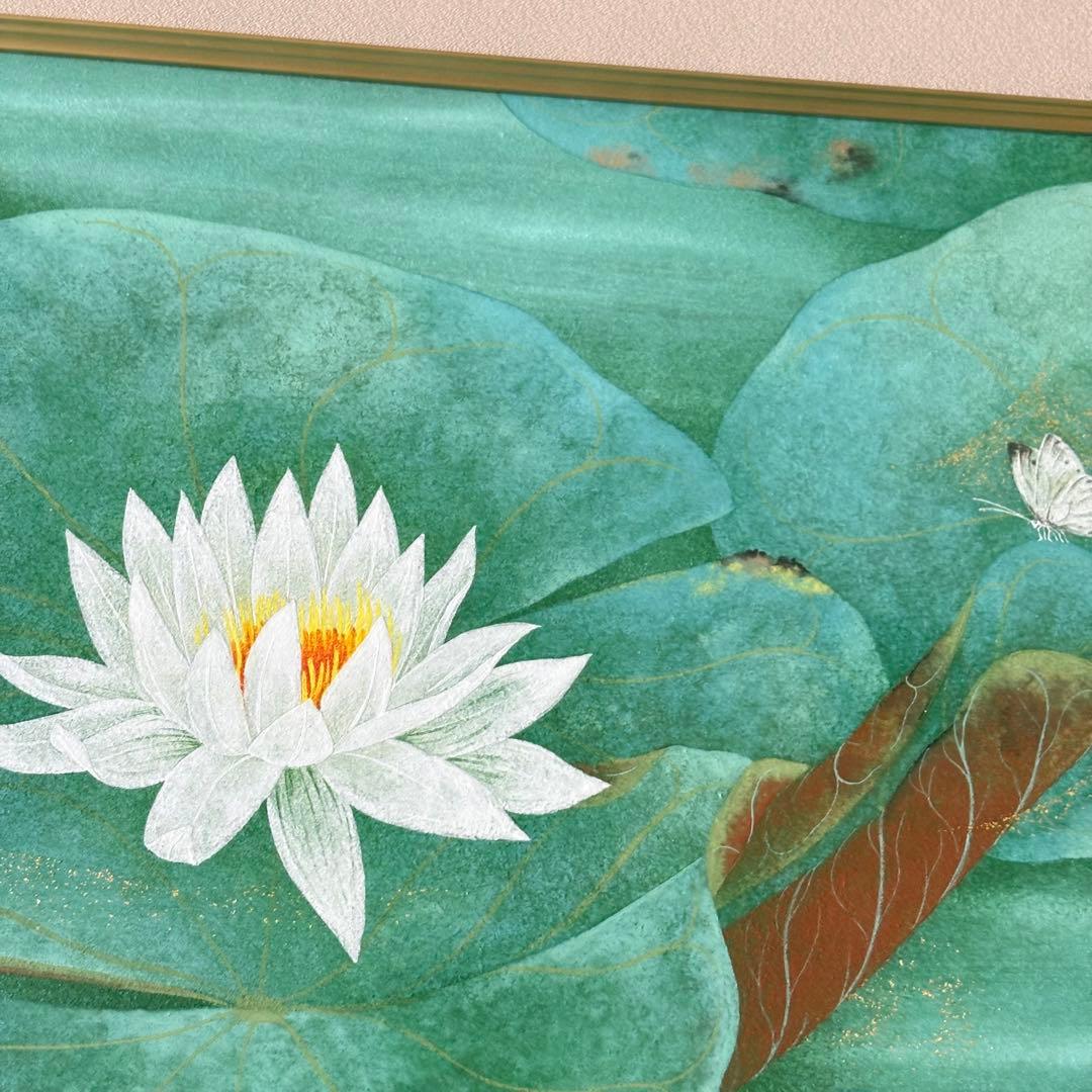 仲林敏次 日本画「朱草（睡蓮）」6号 額装 三重県出身 新興美術院会 一枚の繪G