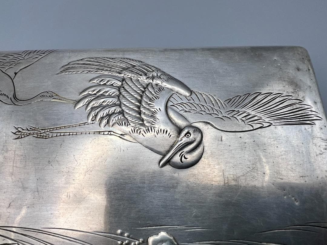 【海】銀製　秀山作　手彫　波鶴図　ケース　小箱　小物入れ　蓋のみ　約117g
