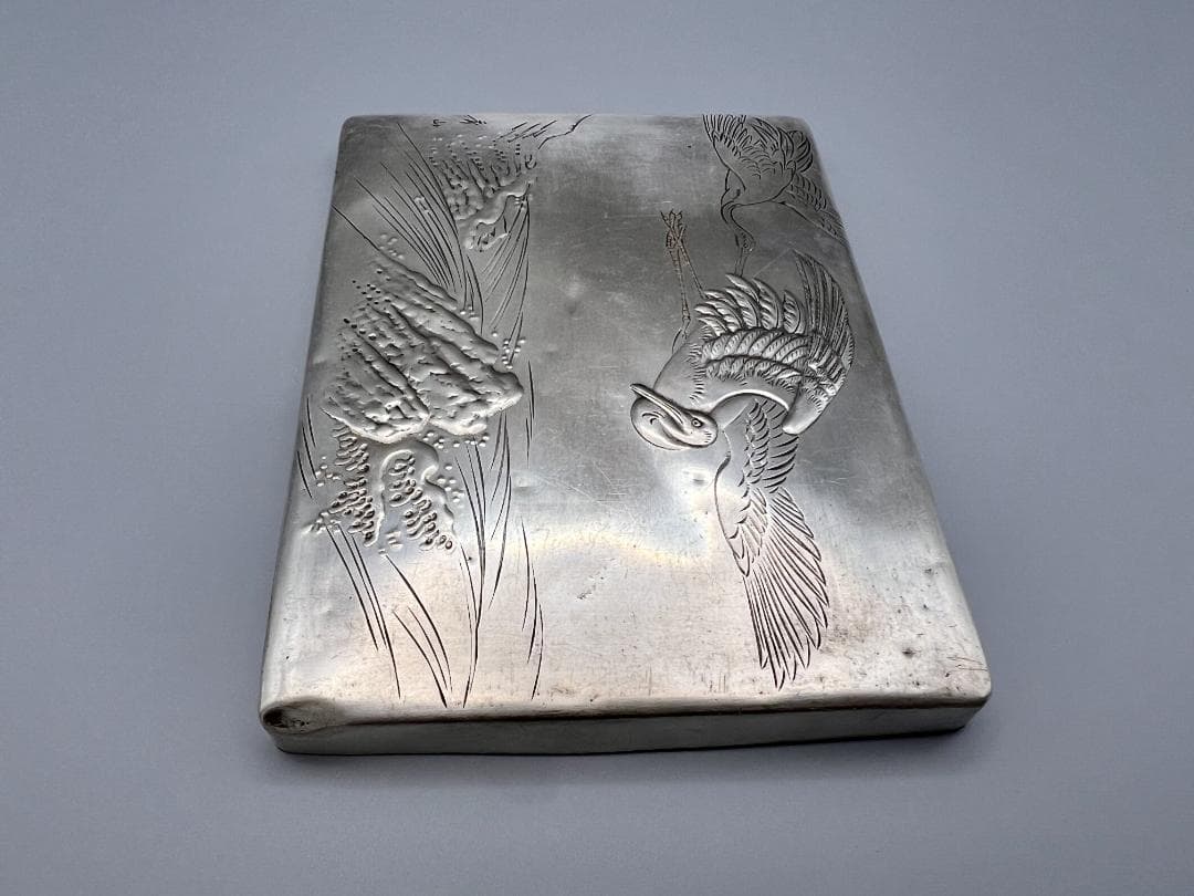 【海】銀製　秀山作　手彫　波鶴図　ケース　小箱　小物入れ　蓋のみ　約117g