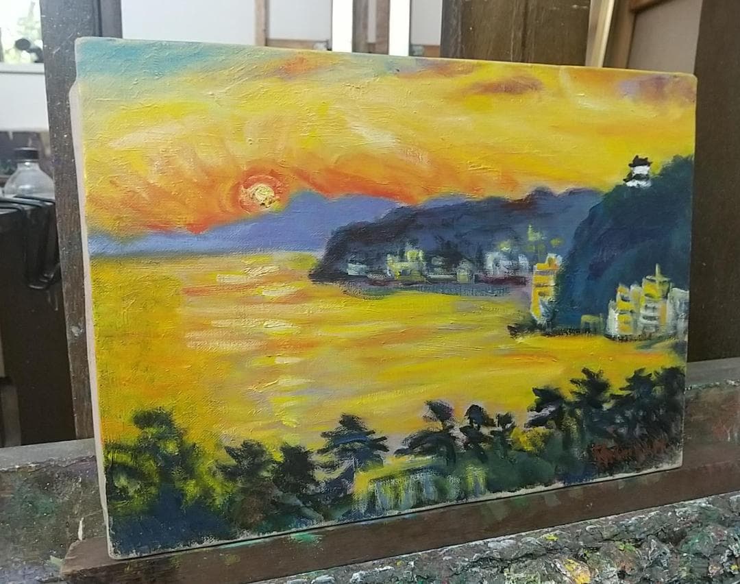 絵画「朝しずか」熱海 真作 F4 1984 油絵 油彩画 風景画 アート