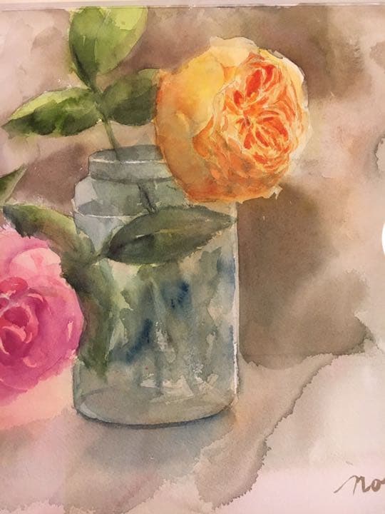 水彩画原画薔薇美しいイングリッシュローズ光と影⑧