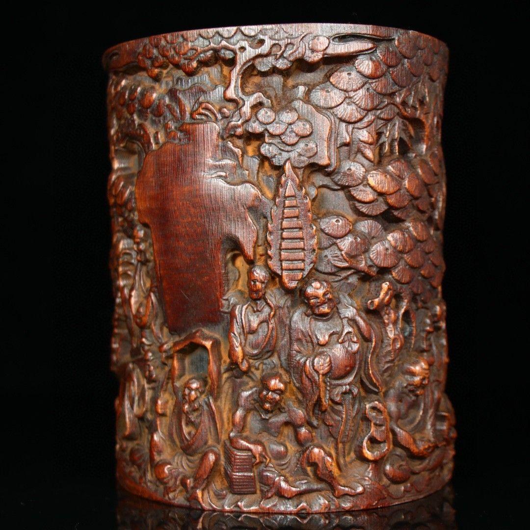 竹 彫刻 十八羅漢筆箱 書道具 文房具 現代工芸品 美術品 置物