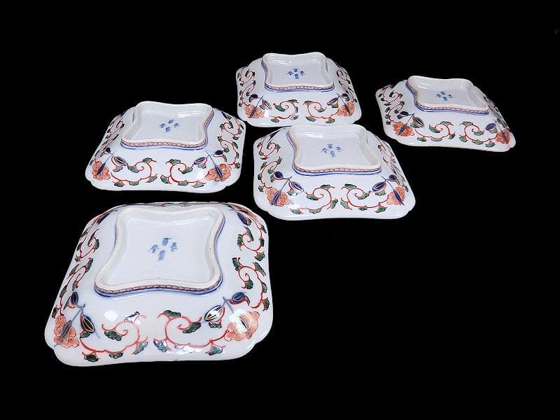 大聖寺伊万里　金襴手　団龍紋に仙人の図　四方皿　５枚　E076AS-BSx