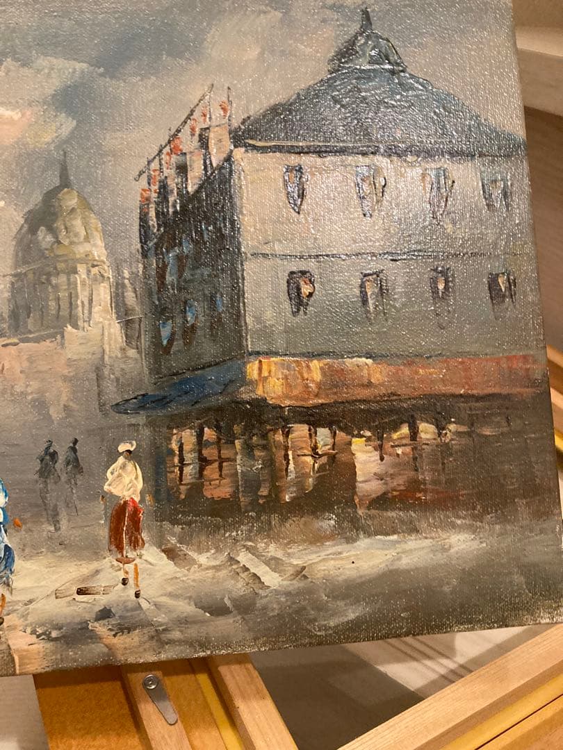 油彩画 街の風景 木製フレーム付きパリー モンマルトルの丘 カーン フランス