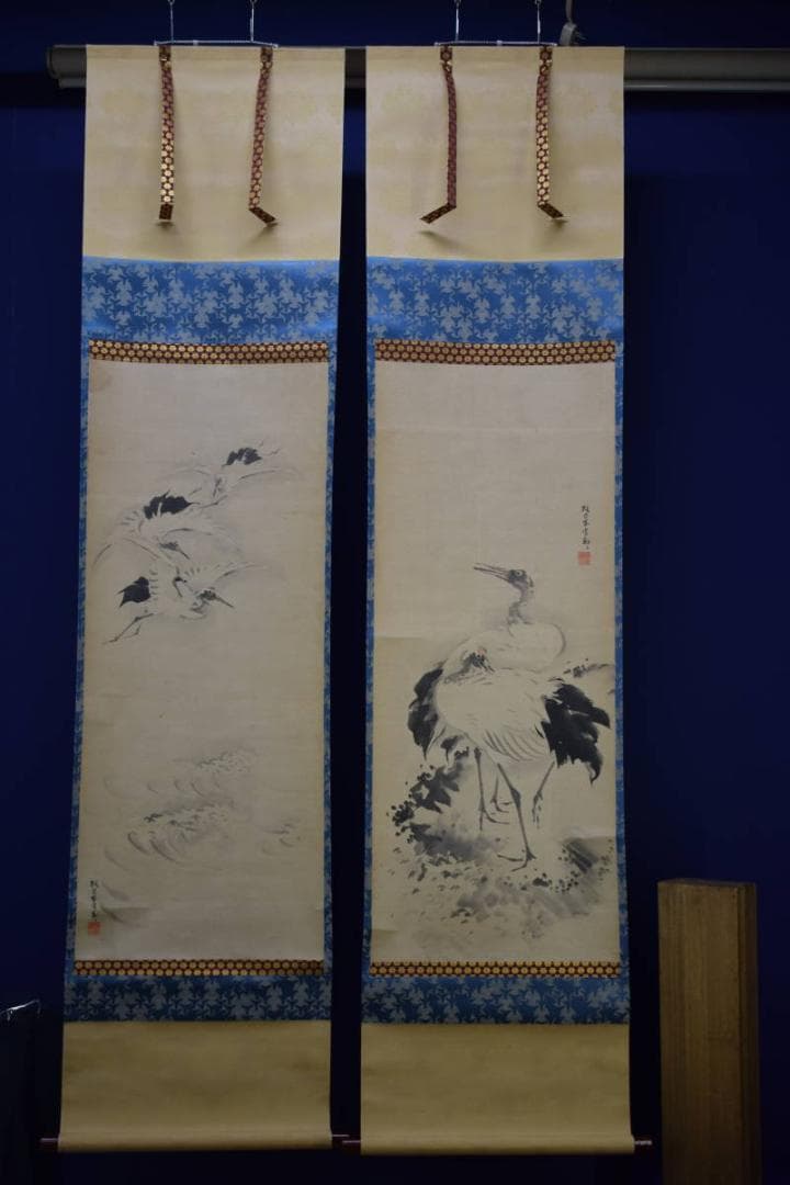 模写/佐伯岸駒/鶴図/双幅/布袋屋掛軸HG-236