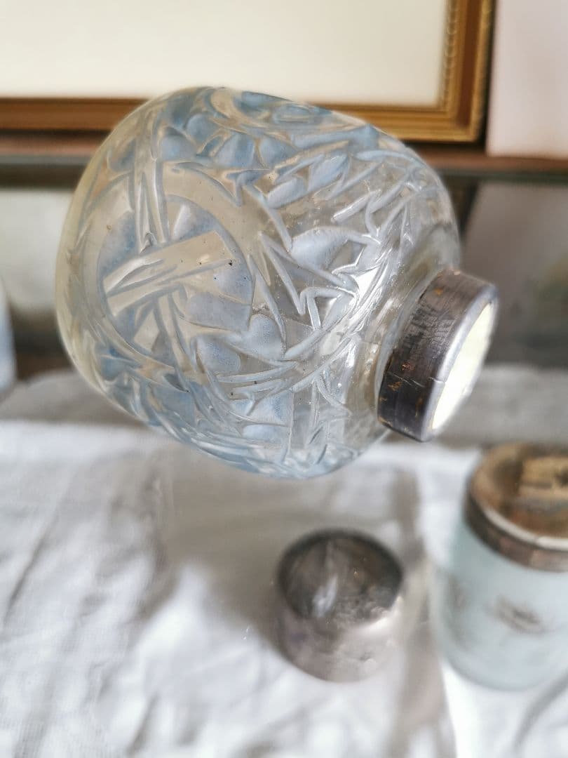 アンティーク ラリック 1920年ブルーパチネ 棘 Epines インク瓶香水瓶