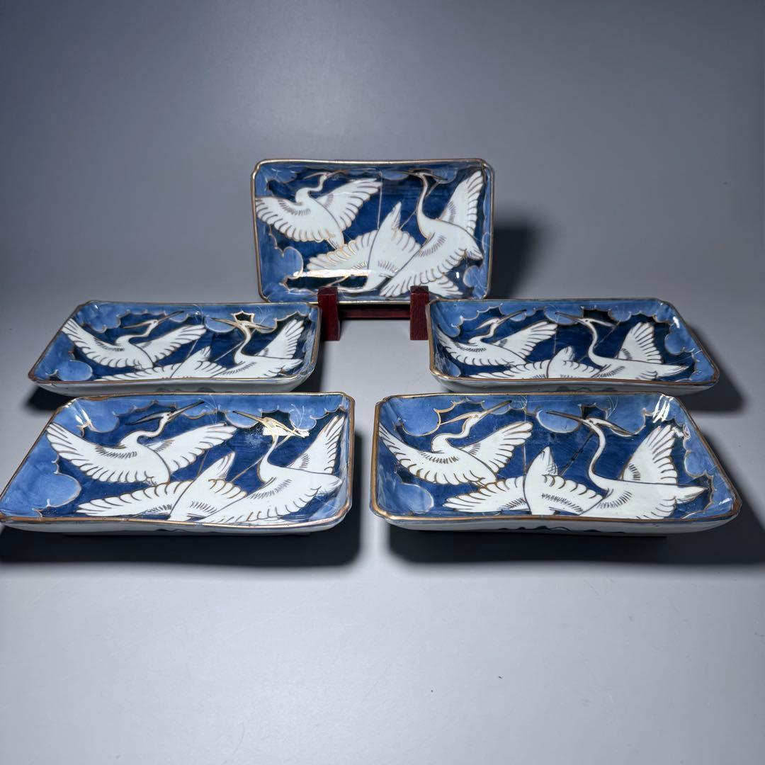 幕末明治期　染錦白鷺文様長皿　五客　古陶を楽しむ　アンティーク食器　料理屋