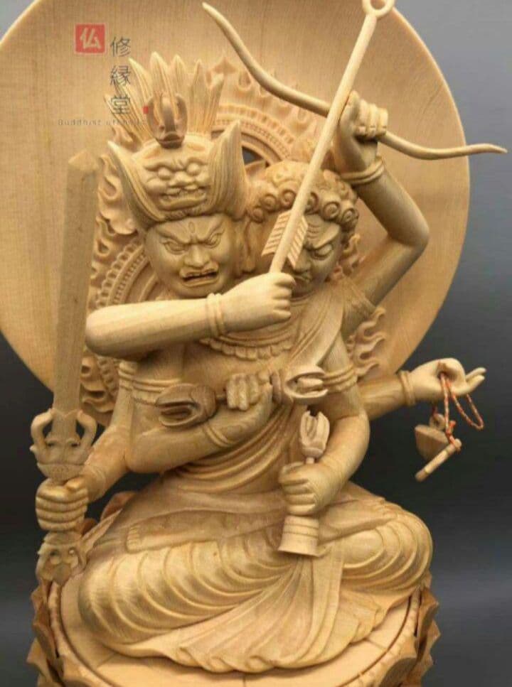 【修縁堂】最高級 木彫仏像 双頭愛染明王座像 一刀彫 天然木檜材 彫刻 仏教工芸