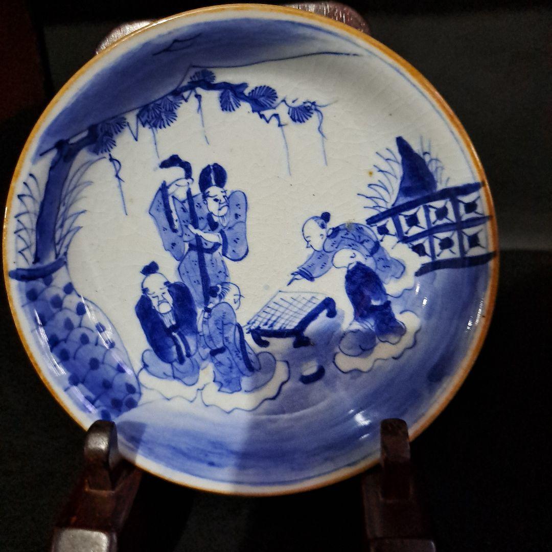 中国古玩　大清成化年　取皿　　山水人物図　染付青磁　五客セット