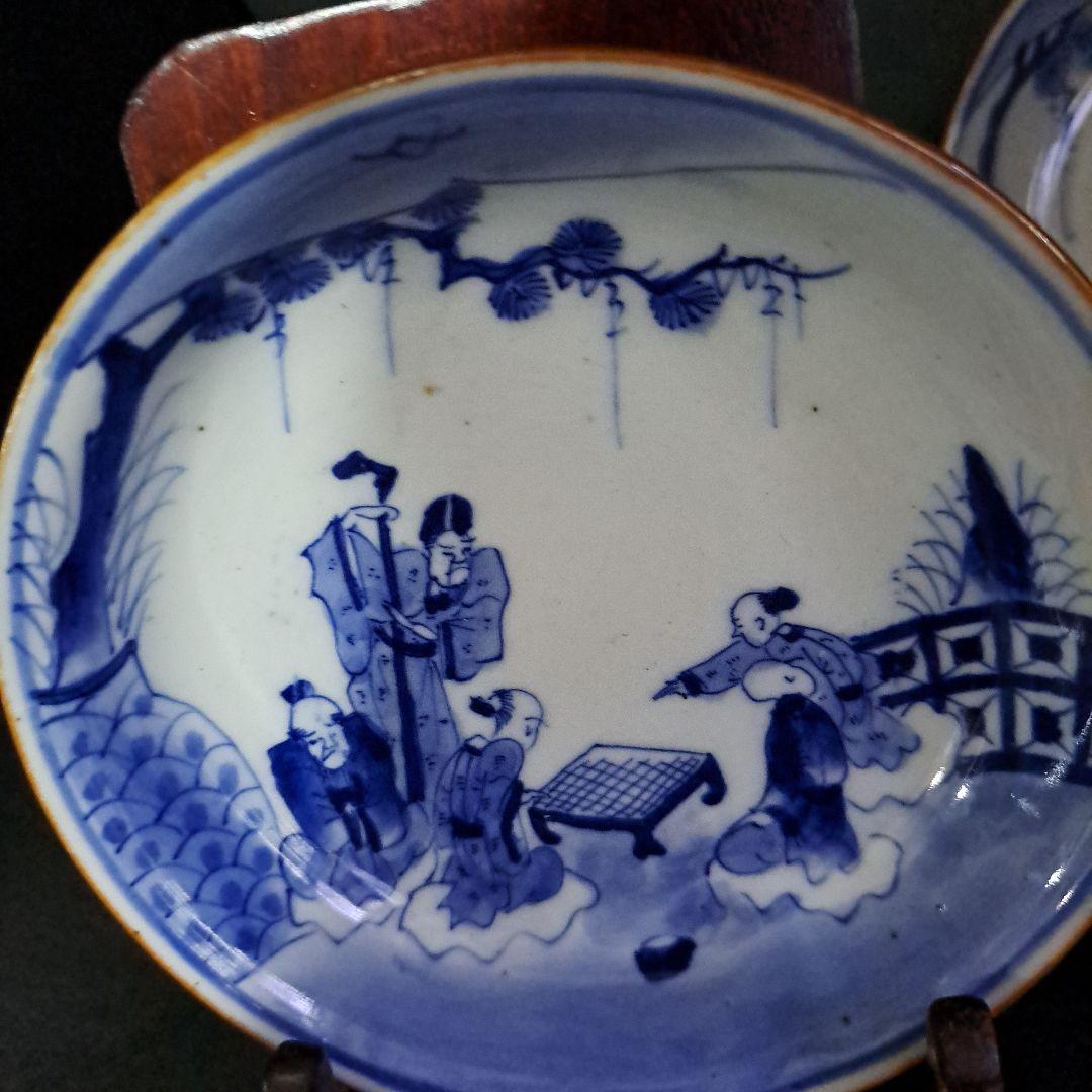 中国古玩　大清成化年　取皿　　山水人物図　染付青磁　五客セット