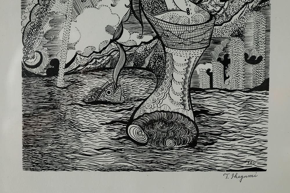 池上隆 直筆サイン 細密 鉛筆画 潮騒 額装 2号 共シール