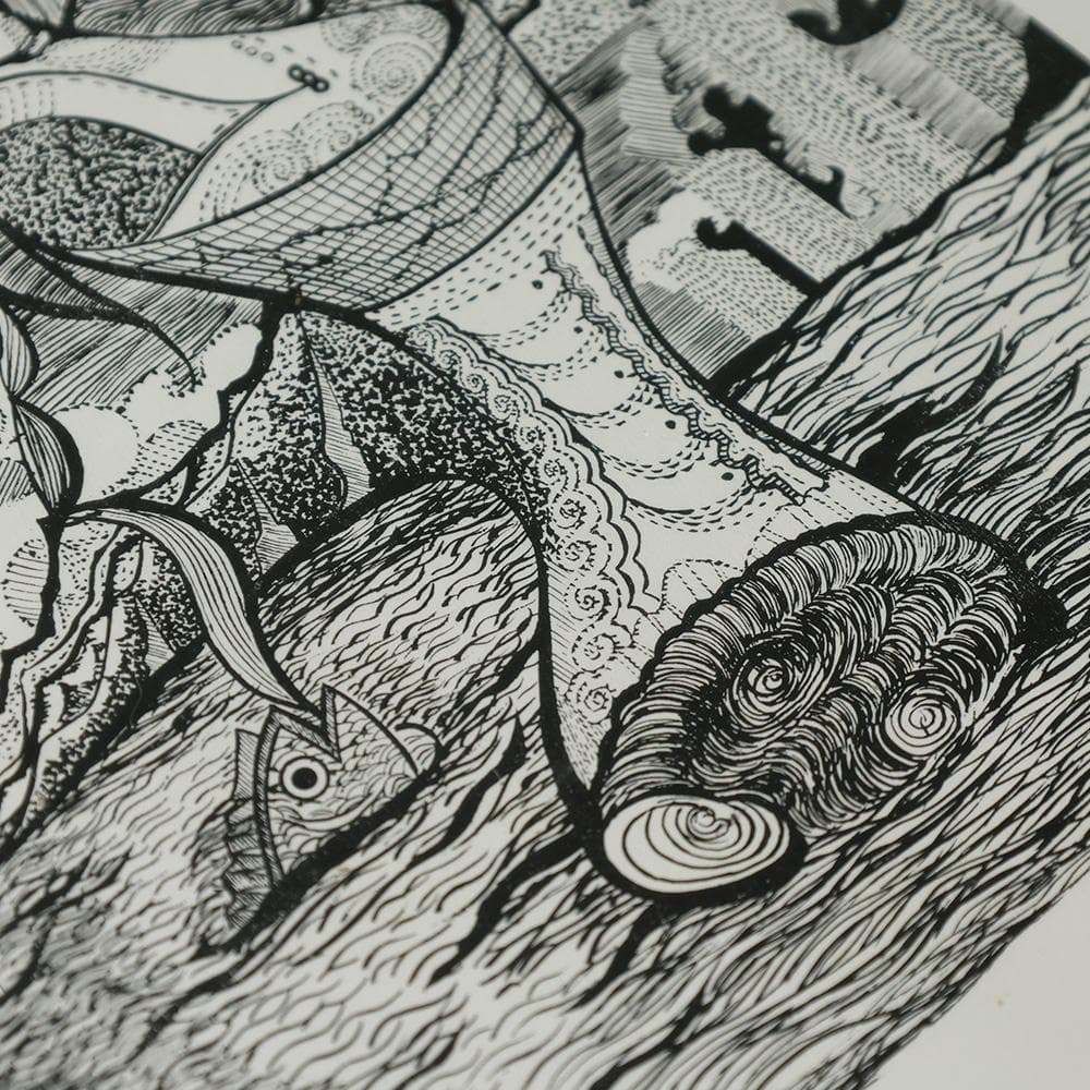 池上隆 直筆サイン 細密 鉛筆画 潮騒 額装 2号 共シール