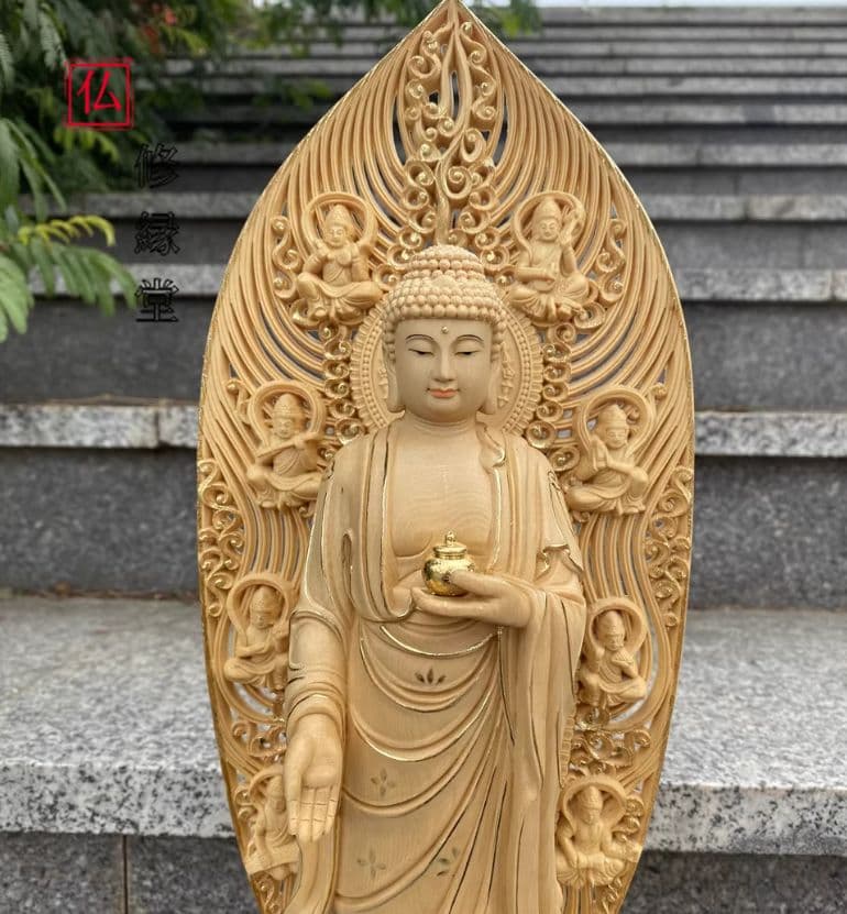 【修縁堂】新作　仏教工芸品　木彫仏像 三宝仏 釈迦牟尼 木彫仏像 仏教工芸品