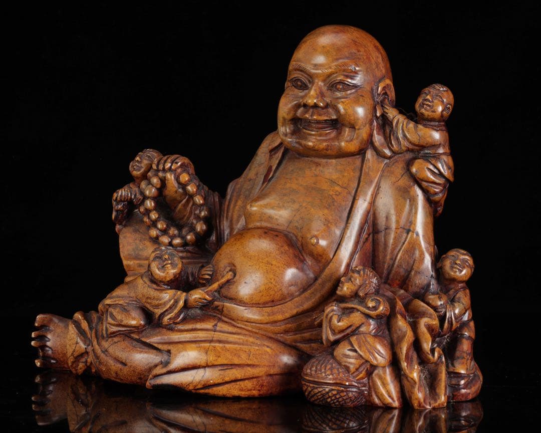 石彫 布袋尊 童子戯れ 置物 高さ21cm 七福神 縁起物 仏像 古美術 骨董品