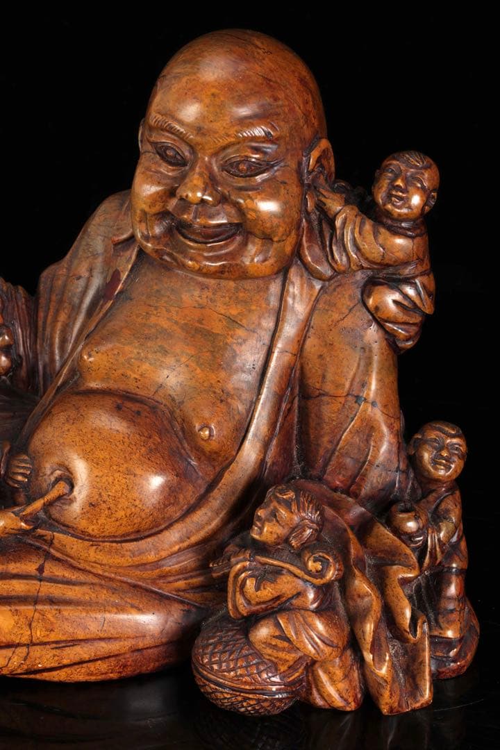 石彫 布袋尊 童子戯れ 置物 高さ21cm 七福神 縁起物 仏像 古美術 骨董品