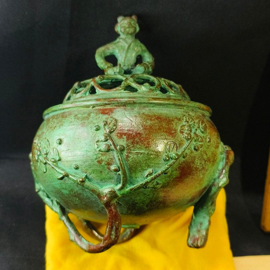 高岡銅器 須賀七郎作 月芳 蝋型鋳銅 香炉 唐子蓋梅文 共箱 証書 栞 時代物