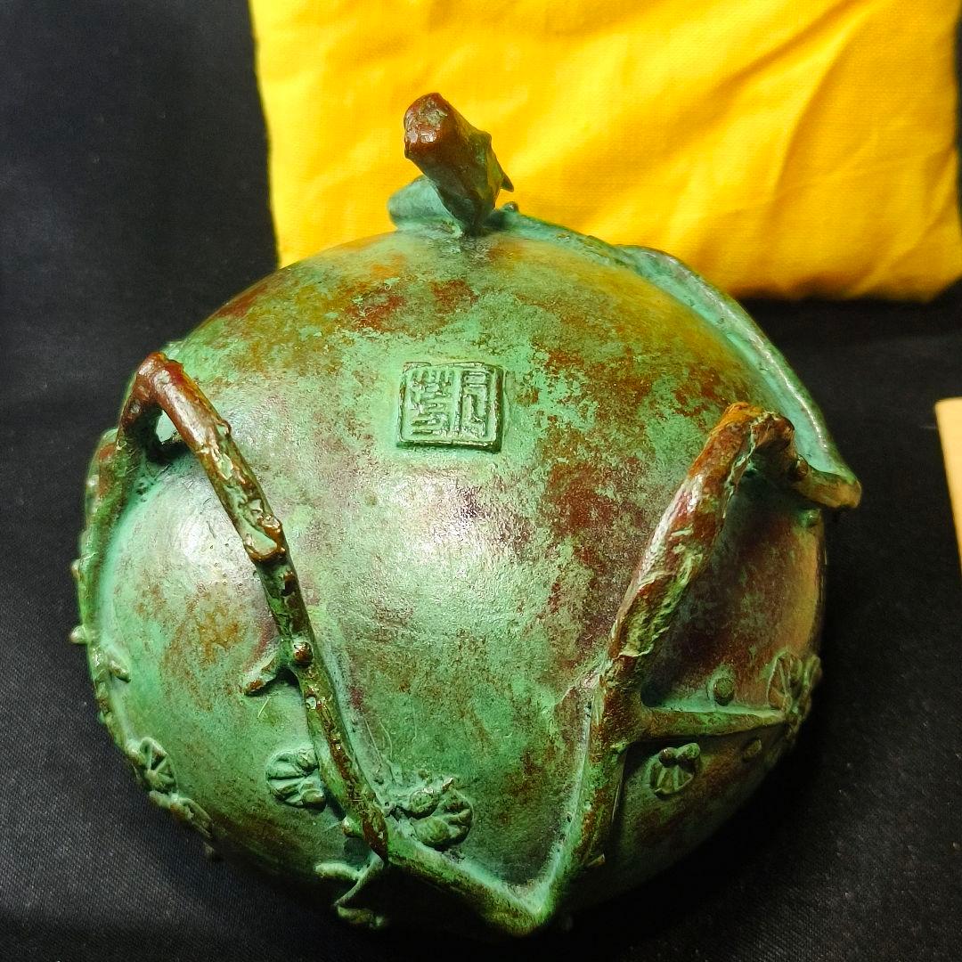 高岡銅器 須賀七郎作 月芳 蝋型鋳銅 香炉 唐子蓋梅文 共箱 証書 栞 時代物