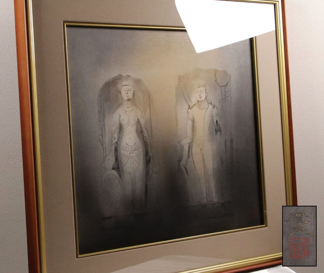 【真作】佐藤隆良 紙本肉筆 金彩墨彩 仏画 日本画 額装 アクリル板 CK43