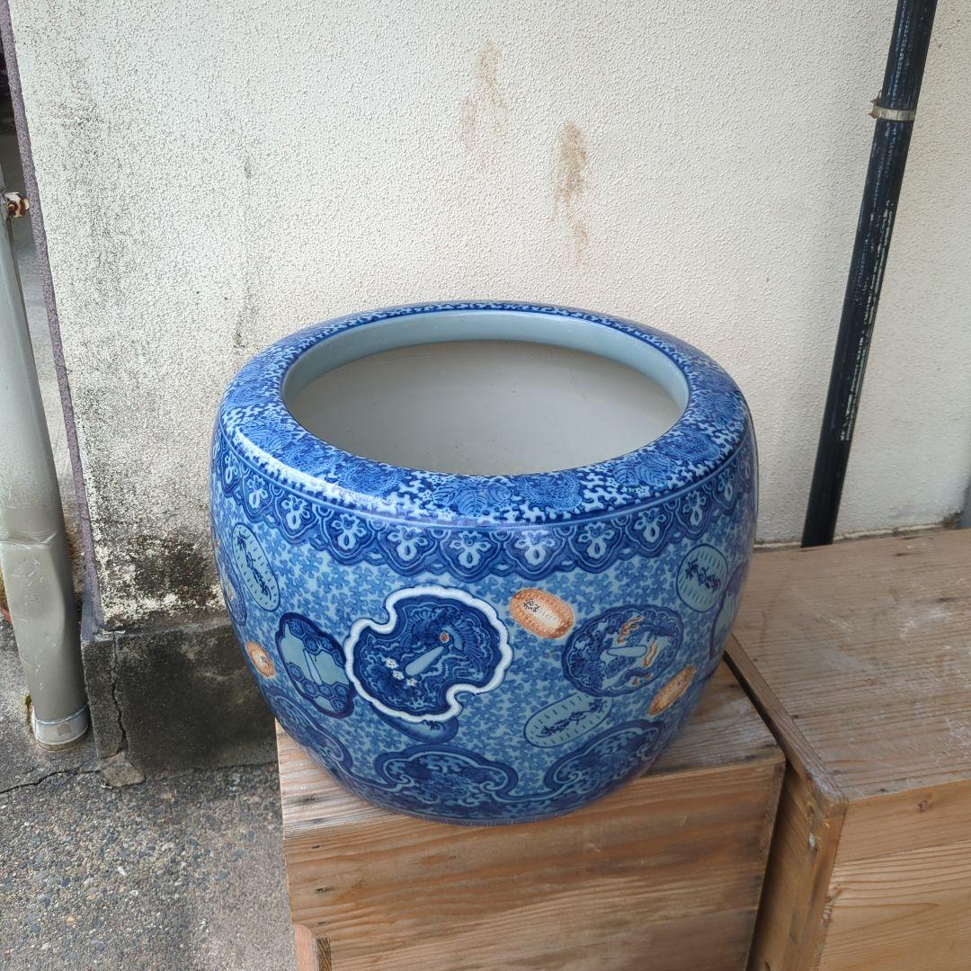 骨董 大型 火鉢 伊万里 染め付け メダカ 金魚 睡蓮鉢 小判 鍔 鉢カバー
