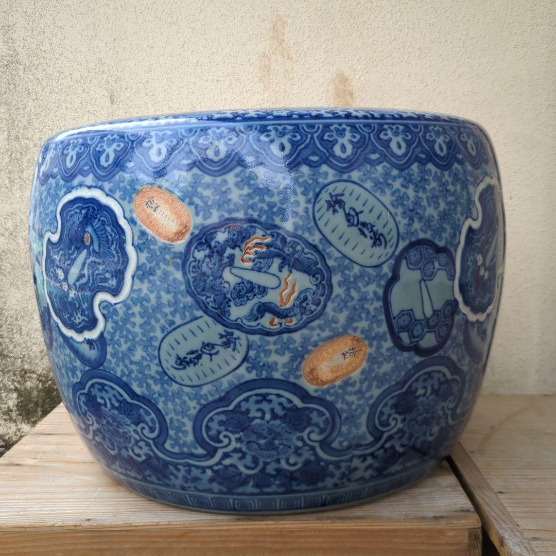 骨董 大型 火鉢 伊万里 染め付け メダカ 金魚 睡蓮鉢 小判 鍔 鉢カバー