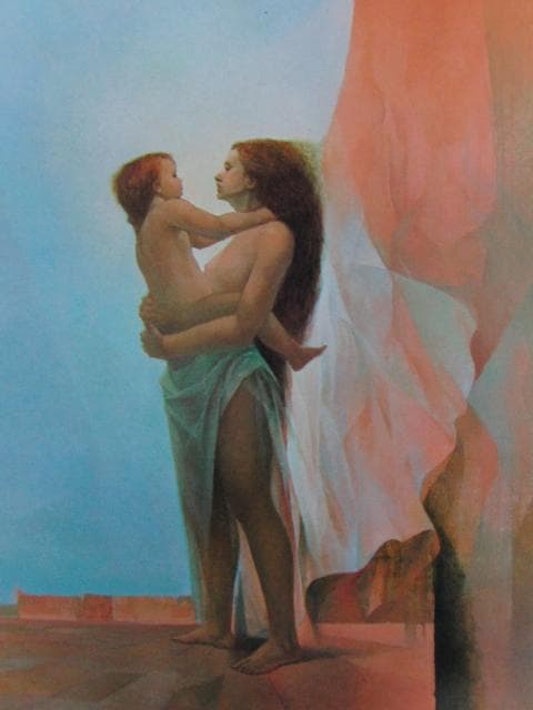 高い寛二、母と子、希少な画集より、新品高級額・額装付