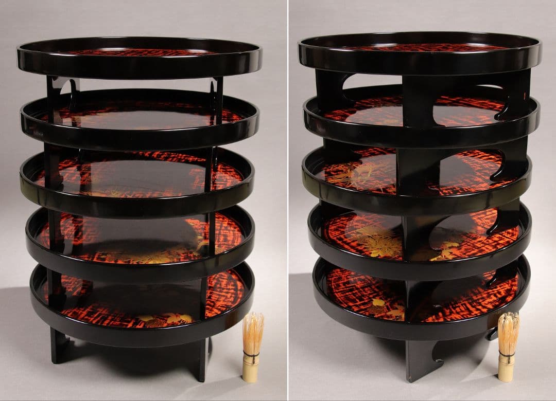 M851/ 木製漆器 草花絵変蒔絵 足付円形膳 五客 根来 黒塗 / 丸輪島加賀