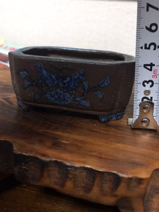 盆栽鉢　時代　陶翠　彩交趾黒泥隅入長方鉢